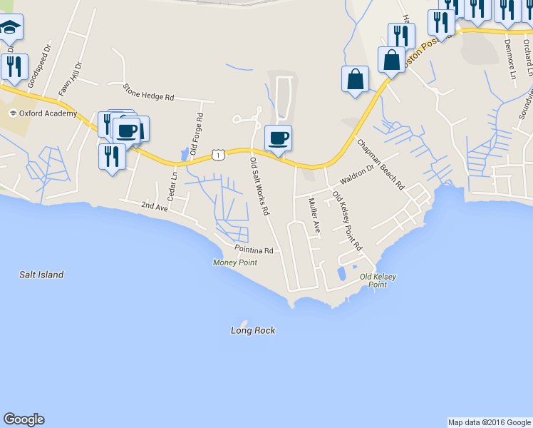 map of restaurants, bars, coffee shops, grocery stores, and more near 96 Old Salt Works Road in Westbrook