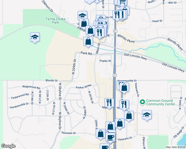 map of restaurants, bars, coffee shops, grocery stores, and more near 2120 North Main Street in Omaha