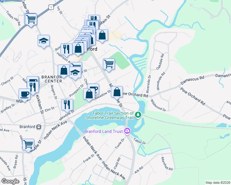 map of restaurants, bars, coffee shops, grocery stores, and more near 87 Montowese St in Branford