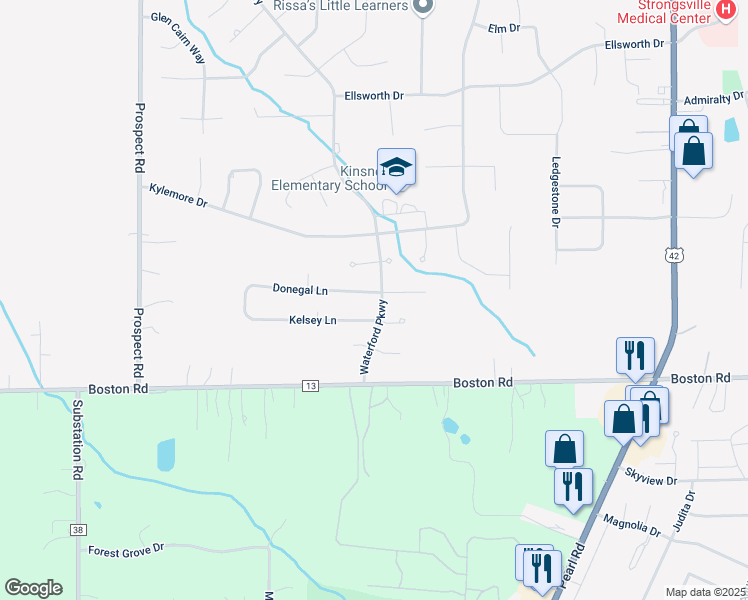 map of restaurants, bars, coffee shops, grocery stores, and more near 20373 Donegal Lane in Strongsville