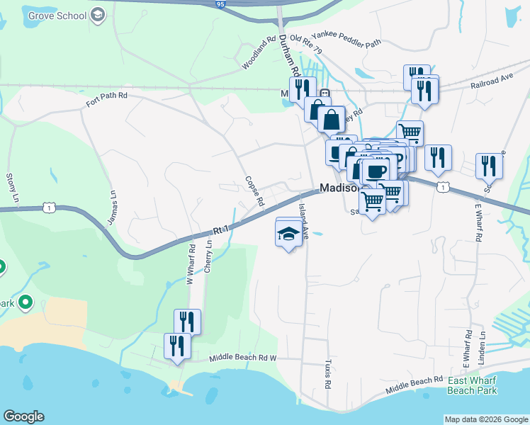 map of restaurants, bars, coffee shops, grocery stores, and more near 546 Boston Post Road in Madison