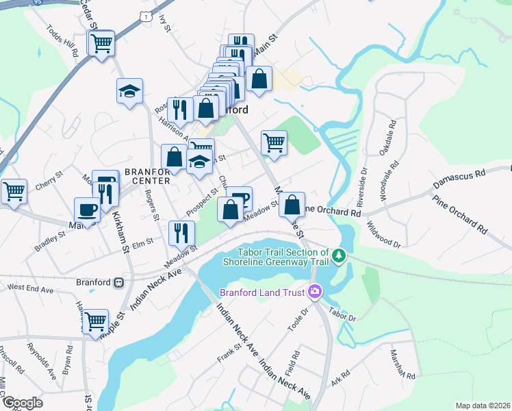 map of restaurants, bars, coffee shops, grocery stores, and more near 256 Meadow Street in Branford
