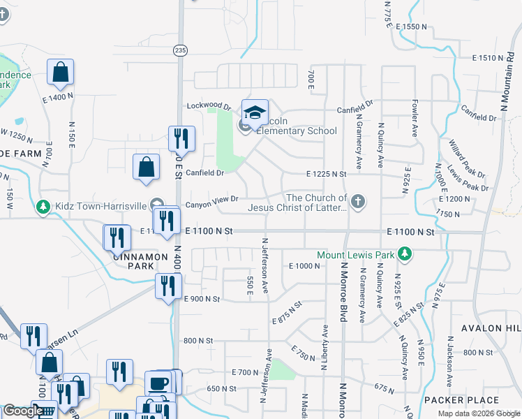 map of restaurants, bars, coffee shops, grocery stores, and more near 593 Canyon View Drive in Ogden
