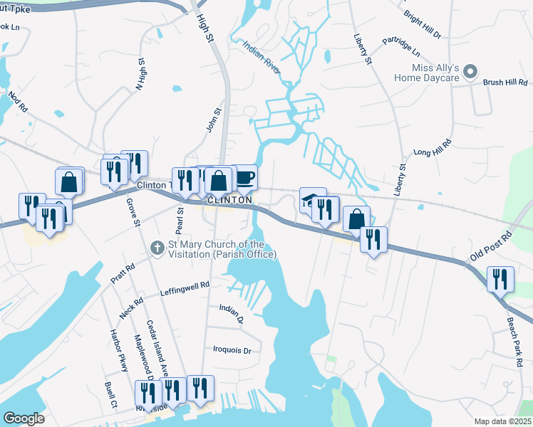map of restaurants, bars, coffee shops, grocery stores, and more near 55 Church Road in Clinton