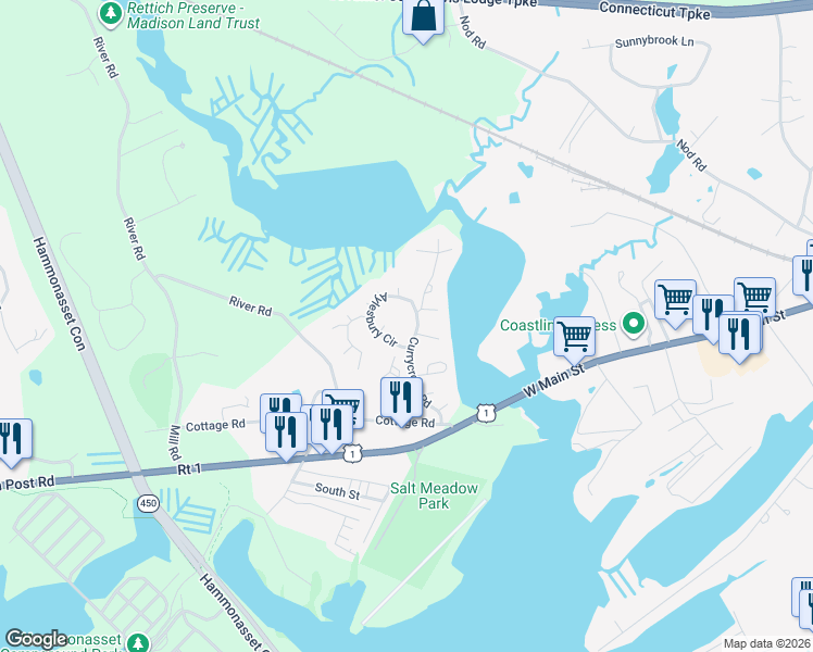 map of restaurants, bars, coffee shops, grocery stores, and more near 5 Currycross Road in Madison