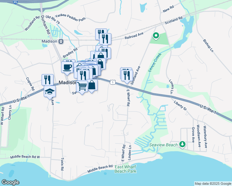 map of restaurants, bars, coffee shops, grocery stores, and more near 852 Boston Post Road in Madison