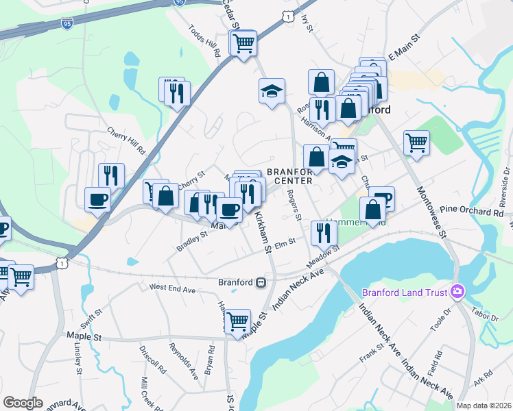 map of restaurants, bars, coffee shops, grocery stores, and more near 606 Main Street in Branford