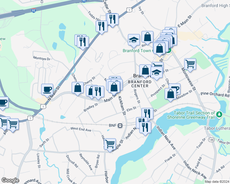 map of restaurants, bars, coffee shops, grocery stores, and more near 606 Main Street in Branford