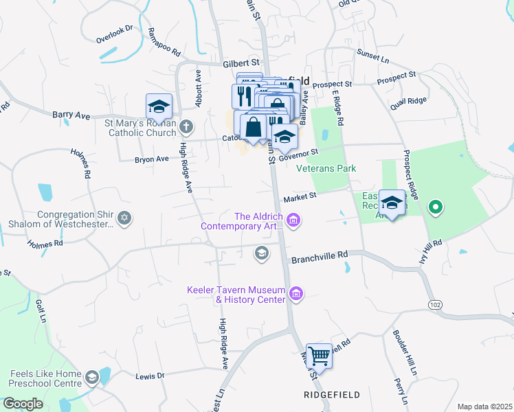 map of restaurants, bars, coffee shops, grocery stores, and more near 36 Griffith Lane in Ridgefield