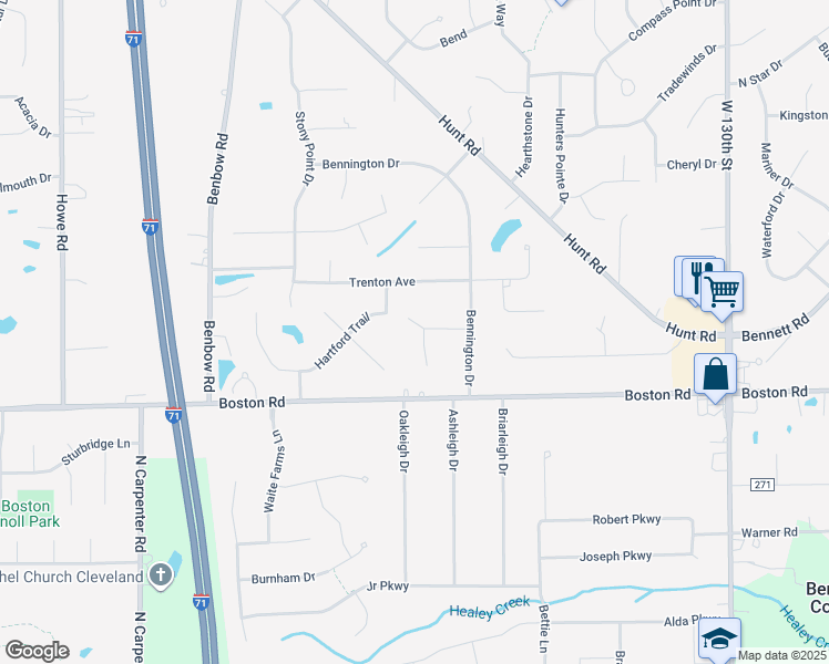 map of restaurants, bars, coffee shops, grocery stores, and more near 14461 Hartford Trail in Strongsville