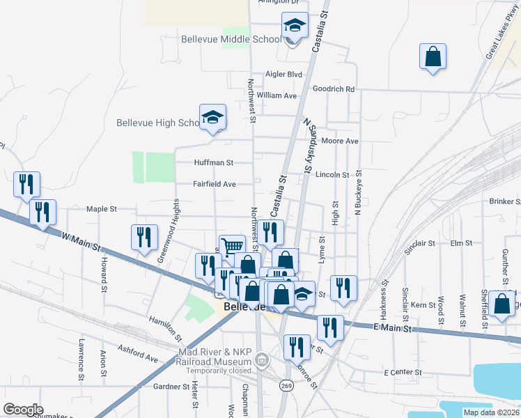 map of restaurants, bars, coffee shops, grocery stores, and more near 318 Northwest Street in Bellevue