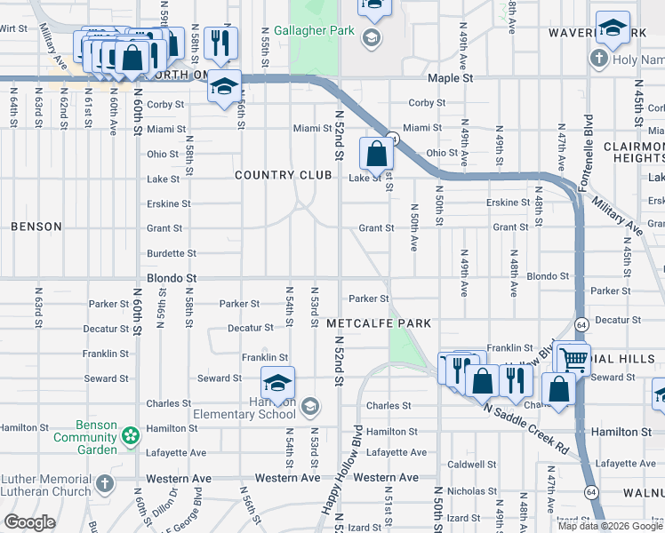 map of restaurants, bars, coffee shops, grocery stores, and more near 2014 North 52nd Street in Omaha