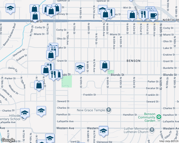 map of restaurants, bars, coffee shops, grocery stores, and more near 2020 North 68th Street in Omaha
