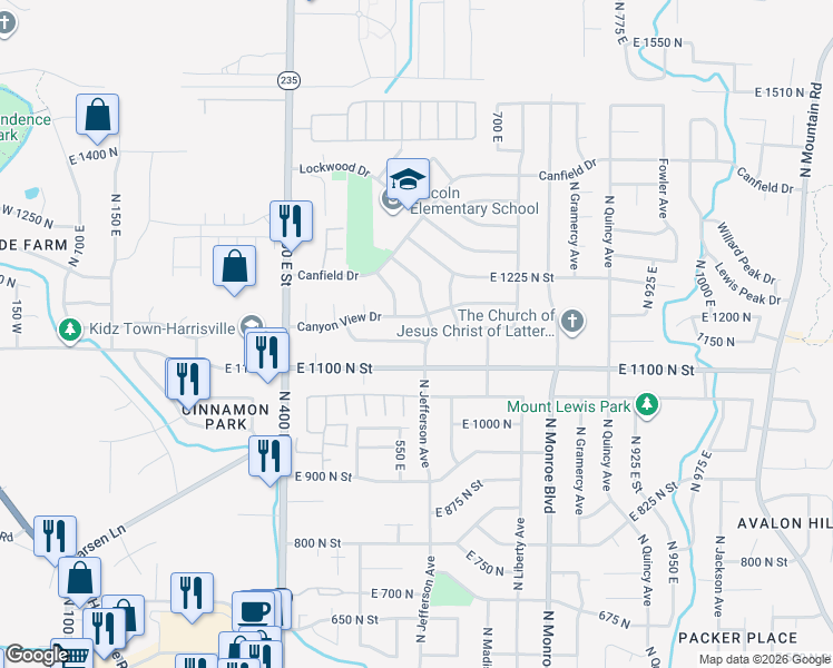 map of restaurants, bars, coffee shops, grocery stores, and more near 593 Canyon View Drive in Ogden