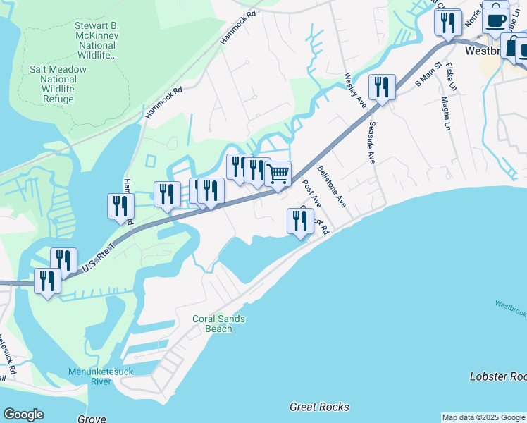 map of restaurants, bars, coffee shops, grocery stores, and more near 747 Boston Post Road in Westbrook