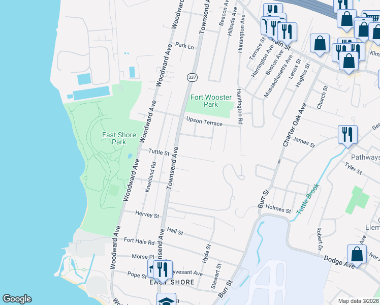 map of restaurants, bars, coffee shops, grocery stores, and more near 120 Tuttle Drive in New Haven