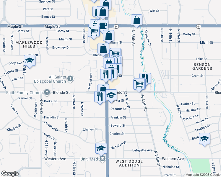 map of restaurants, bars, coffee shops, grocery stores, and more near 2005 Nebraska 133 in Omaha