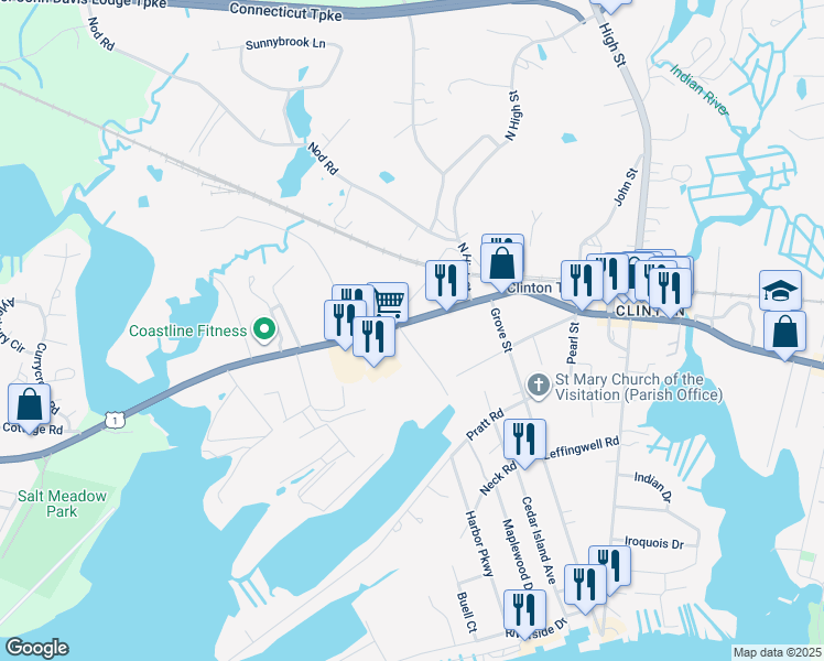 map of restaurants, bars, coffee shops, grocery stores, and more near 82 West Main Street in Clinton