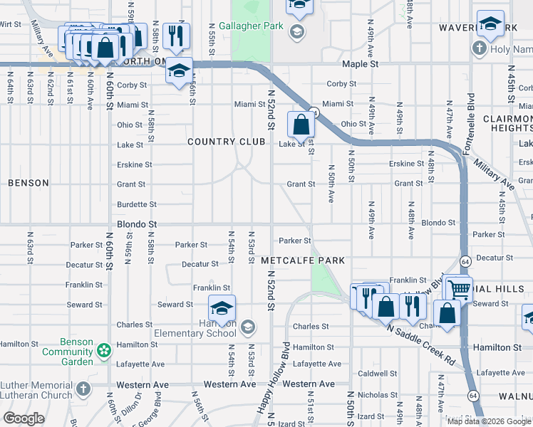 map of restaurants, bars, coffee shops, grocery stores, and more near 2014 North 52nd Street in Omaha