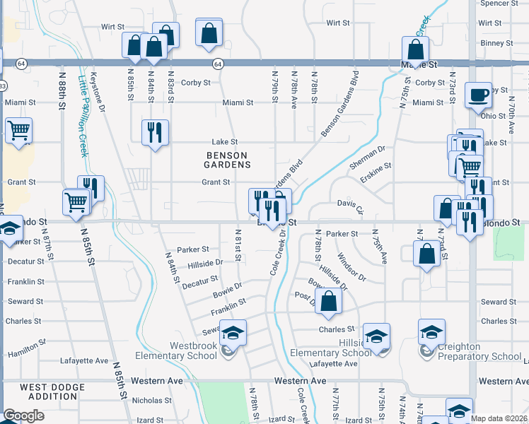 map of restaurants, bars, coffee shops, grocery stores, and more near 8002 Blondo Street in Omaha
