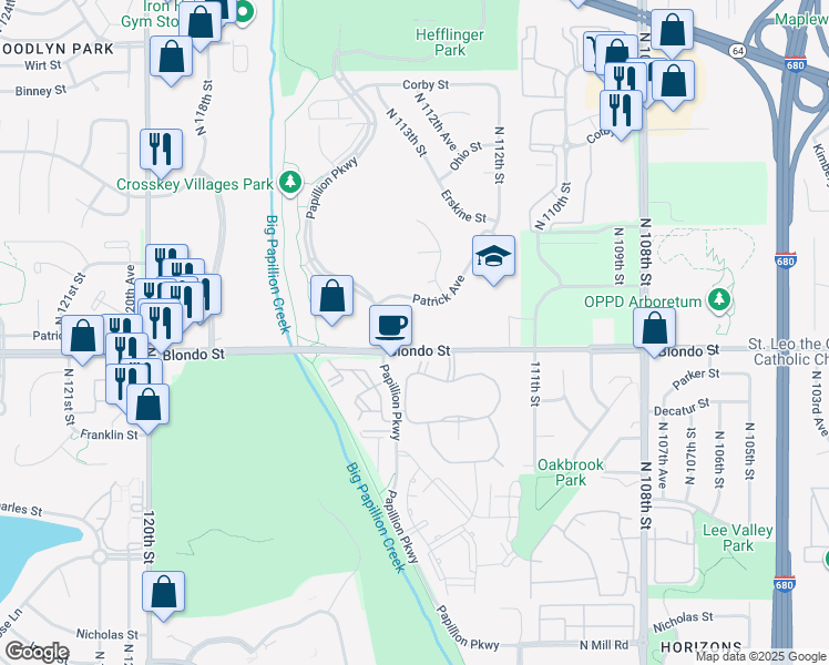 map of restaurants, bars, coffee shops, grocery stores, and more near 11340 Blondo Street in Omaha