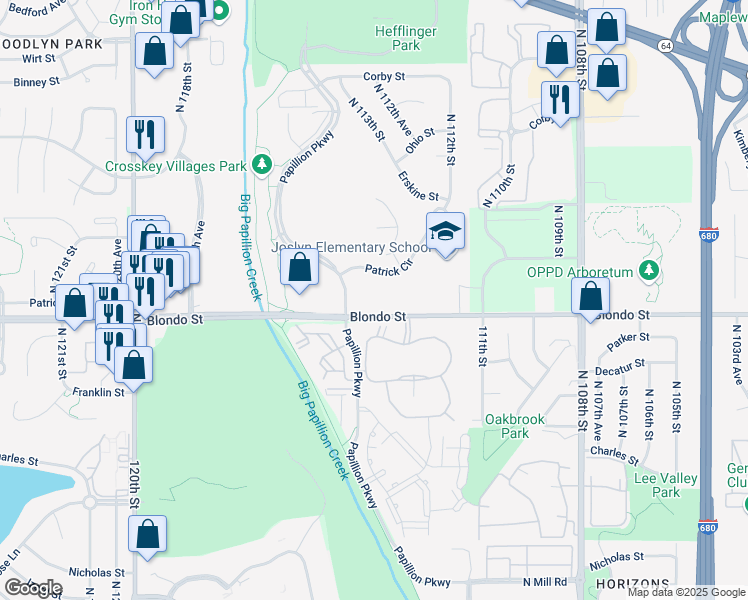 map of restaurants, bars, coffee shops, grocery stores, and more near 11340 Blondo Street in Omaha