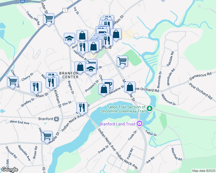 map of restaurants, bars, coffee shops, grocery stores, and more near 43 Church Street in Branford
