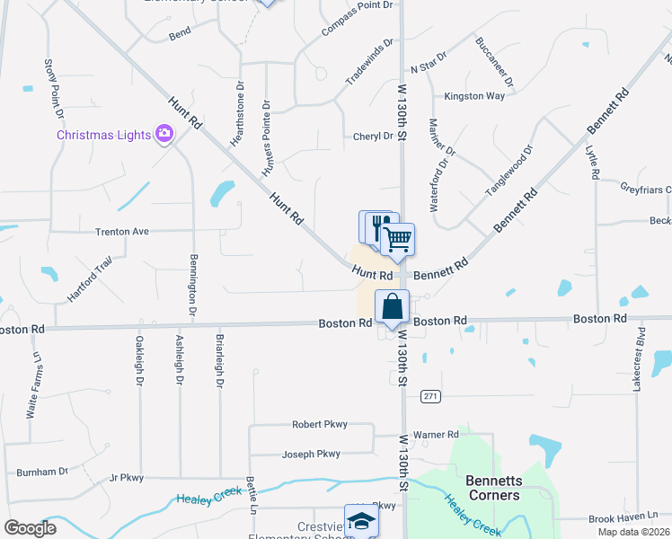 map of restaurants, bars, coffee shops, grocery stores, and more near 19540 Hunt Road in Strongsville