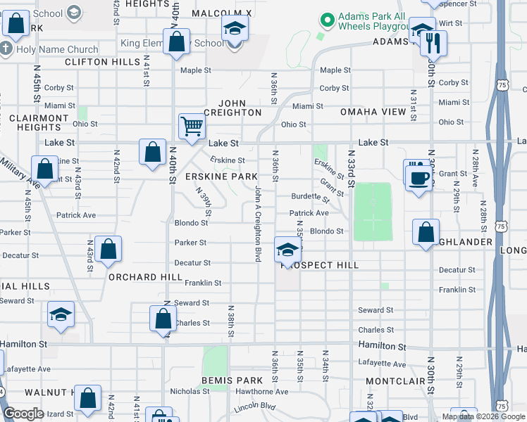 map of restaurants, bars, coffee shops, grocery stores, and more near 2101 John A Creighton Boulevard in Omaha