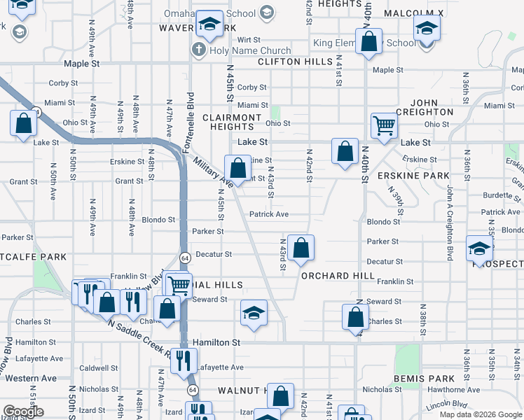 map of restaurants, bars, coffee shops, grocery stores, and more near 4312 Patrick Avenue in Omaha