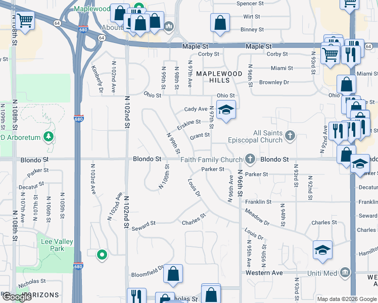 map of restaurants, bars, coffee shops, grocery stores, and more near 9734 Yates Street in Omaha