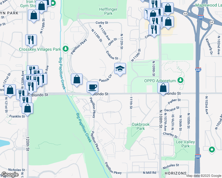 map of restaurants, bars, coffee shops, grocery stores, and more near 11308 Blondo Street in Omaha