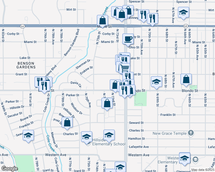 map of restaurants, bars, coffee shops, grocery stores, and more near 7402 Blondo Street in Omaha