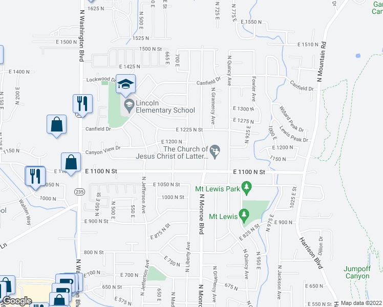 map of restaurants, bars, coffee shops, grocery stores, and more near 755 East 1175 North in Ogden