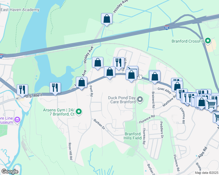 map of restaurants, bars, coffee shops, grocery stores, and more near 14 Summit Place in Branford