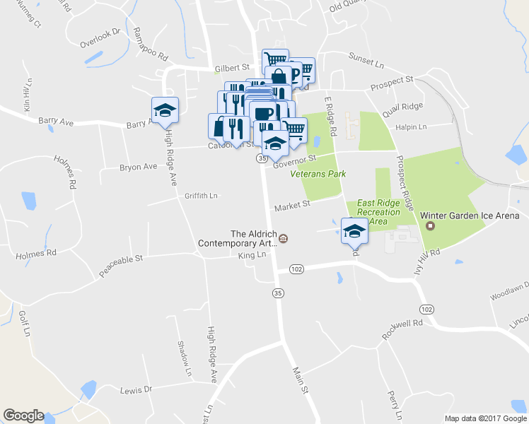 map of restaurants, bars, coffee shops, grocery stores, and more near 305 Main Street in Ridgefield