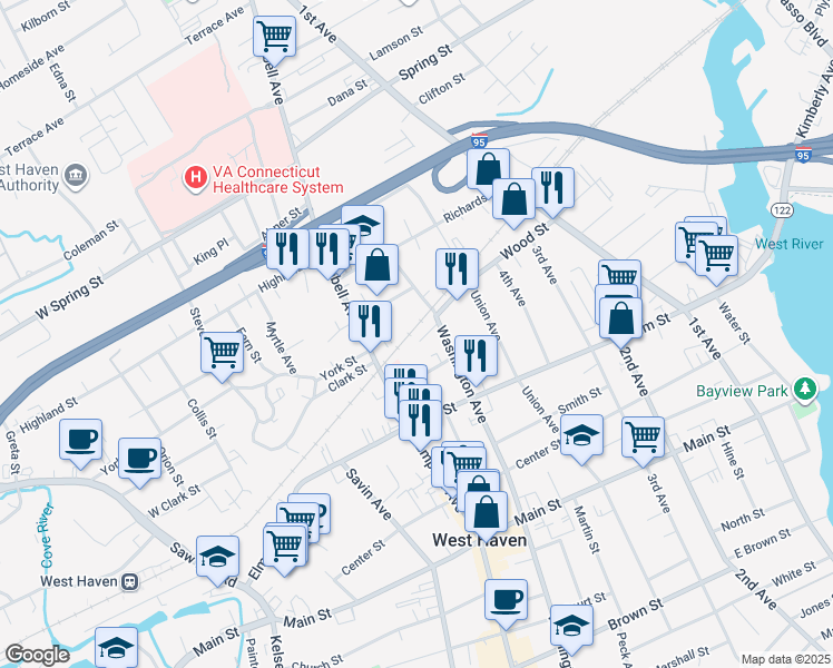 map of restaurants, bars, coffee shops, grocery stores, and more near 732 Washington Avenue in West Haven