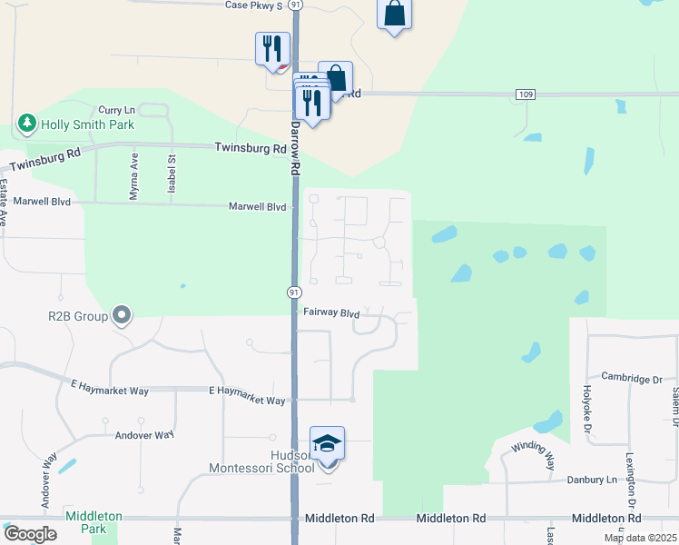 map of restaurants, bars, coffee shops, grocery stores, and more near 2145 Hiram Lane in Hudson