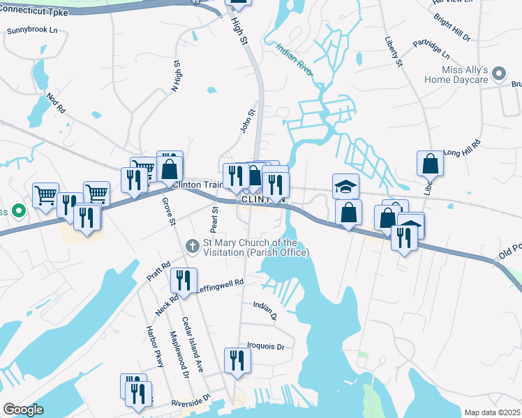 map of restaurants, bars, coffee shops, grocery stores, and more near 8 East Main Street in Clinton