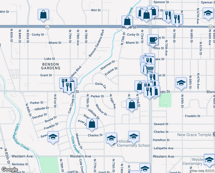 map of restaurants, bars, coffee shops, grocery stores, and more near 7612 Davis Cir in Omaha