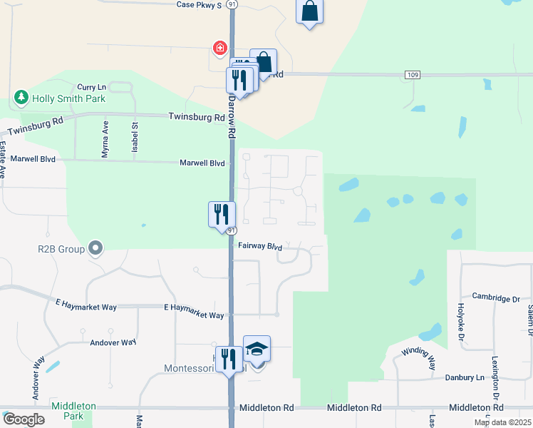 map of restaurants, bars, coffee shops, grocery stores, and more near 2145 Hiram Lane in Hudson