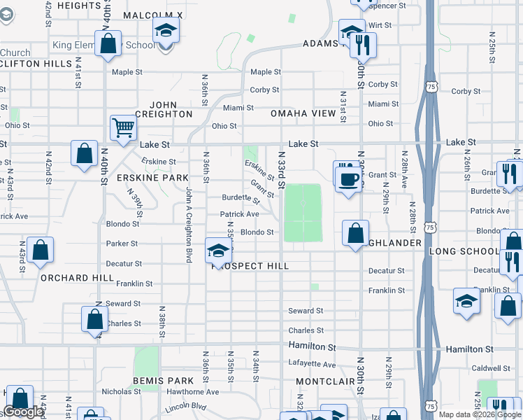 map of restaurants, bars, coffee shops, grocery stores, and more near 3362 Patrick Avenue in Omaha