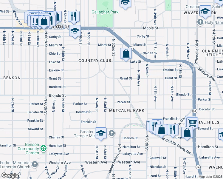 map of restaurants, bars, coffee shops, grocery stores, and more near 2014 North 52nd Street in Omaha