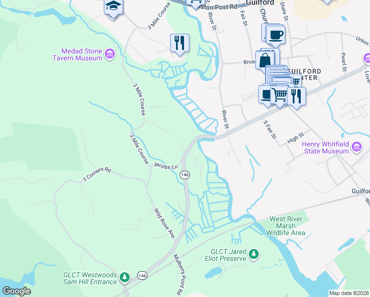 map of restaurants, bars, coffee shops, grocery stores, and more near 211 Water Street in Guilford