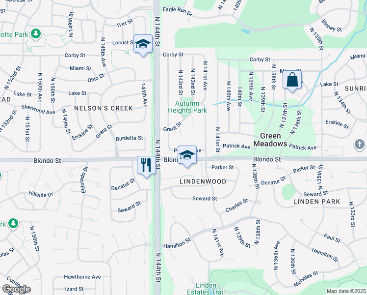 map of restaurants, bars, coffee shops, grocery stores, and more near 14218 Patrick Avenue in Omaha