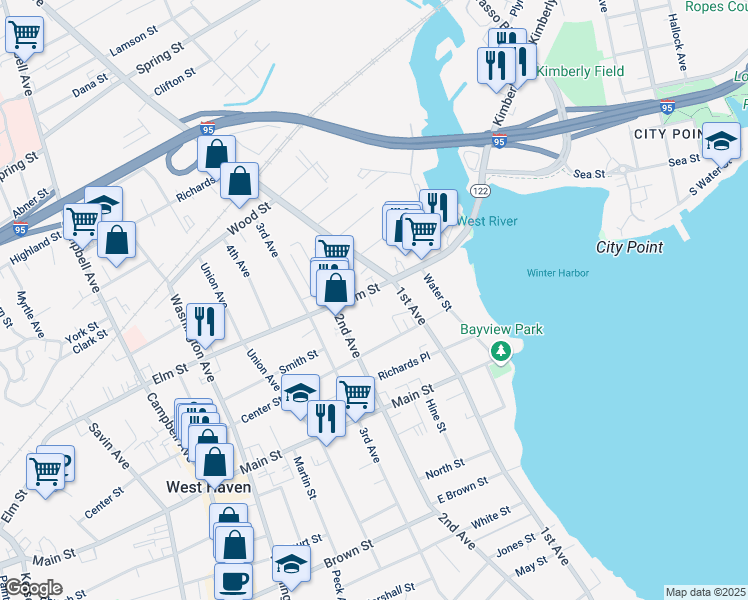 map of restaurants, bars, coffee shops, grocery stores, and more near 70 Elm Street in West Haven
