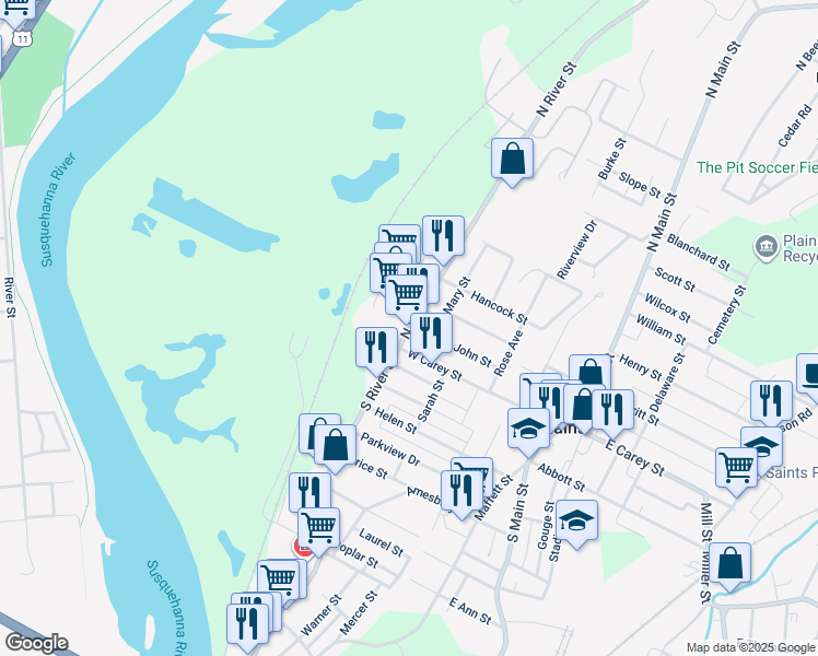 map of restaurants, bars, coffee shops, grocery stores, and more near 22 North River Street in Wilkes-Barre