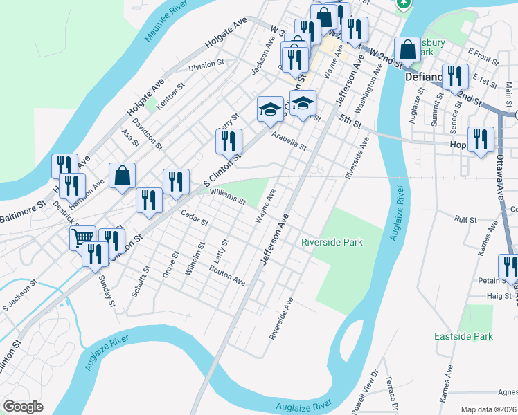 map of restaurants, bars, coffee shops, grocery stores, and more near 864 Wayne Avenue in Defiance
