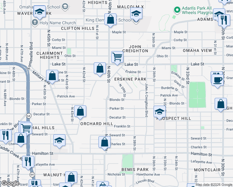 map of restaurants, bars, coffee shops, grocery stores, and more near 3925 Burdette Street in Omaha