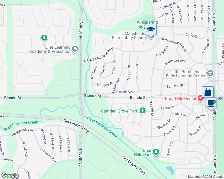 map of restaurants, bars, coffee shops, grocery stores, and more near 17652 Patrick Avenue in Omaha